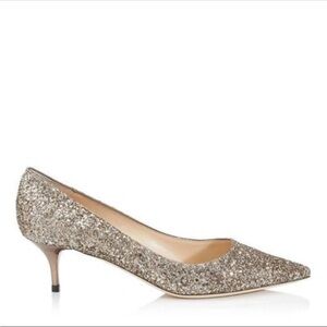 Jimmy Choo Aza Champagne Coarse Glitter Kitten Heel Pumps 34.5 / 4.5